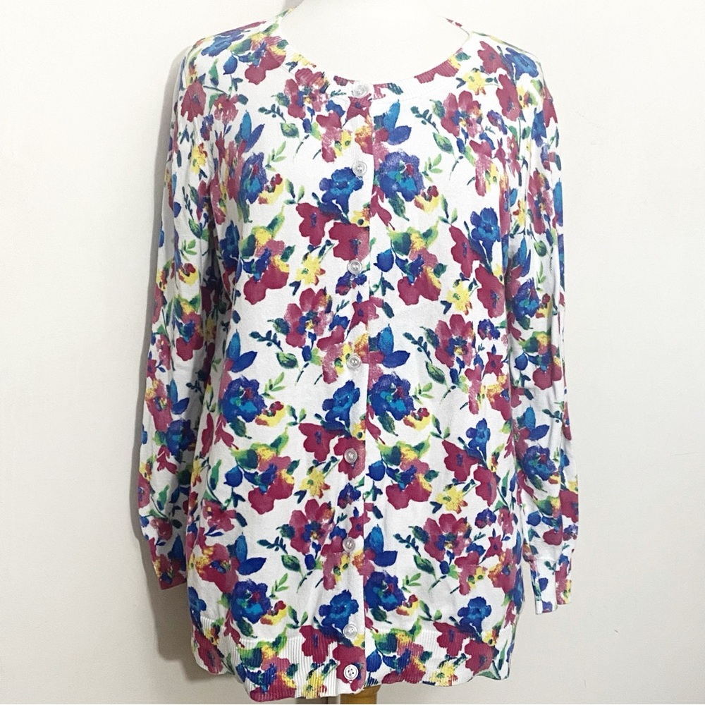 Woman Within Colorful Floral Print 100% Cotton Button-Front Cardigan 14/16